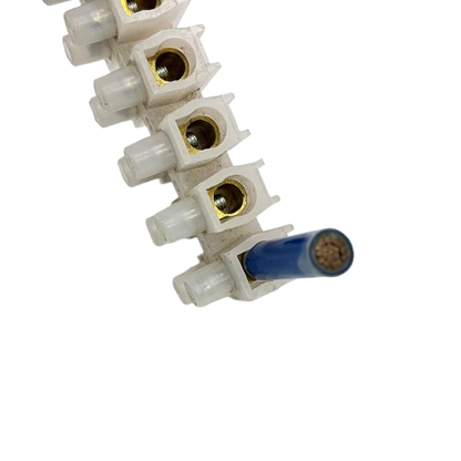 Sassin 100A 12 Pairs PVC Terminal Block white strip with brass contacts and blue insulated conductor
