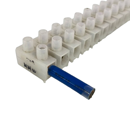 Sassin 100A 12 Pairs PVC Terminal Block white connector strip with blue insulated wire on black background