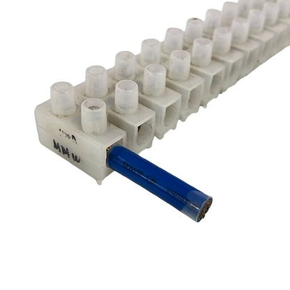 Sassin 100A 12 Pairs PVC Terminal Block white connector strip with blue insulated wire on black background