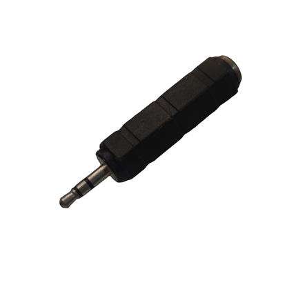 Black plastic 3.5mm stereo to PL-55 adaptor with ribbed grip for audio devices