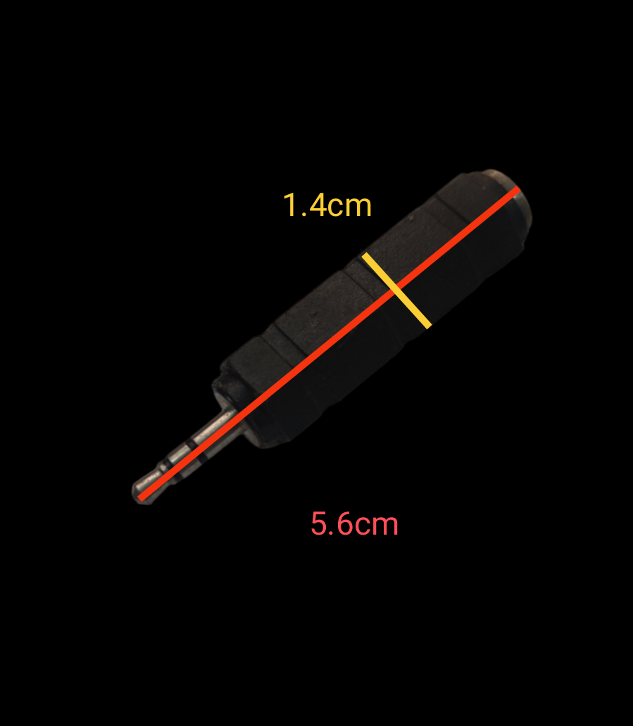 Compact black 3.5mm stereo to PL-55 adaptor with metal plug and ribbed plastic grip showing 5.6 cm length and 1.4 cm width