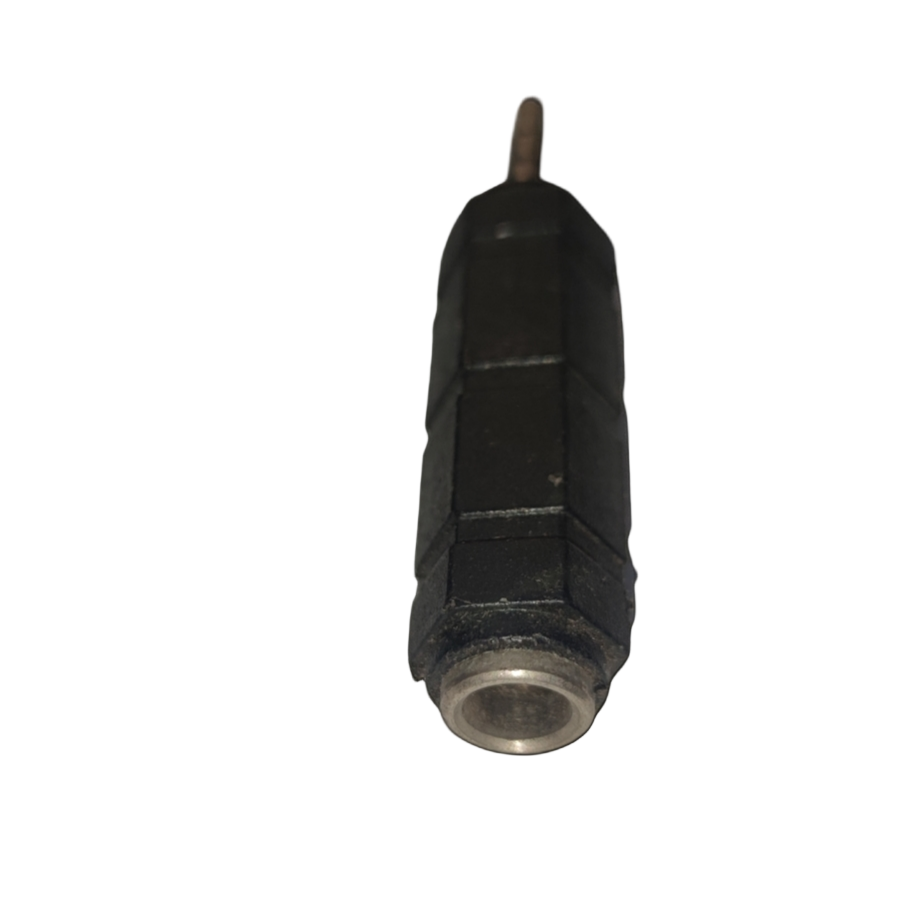 Black molded 3.5mm stereo to PL-55 adaptor with female jack showing metal sleeve and cable stub