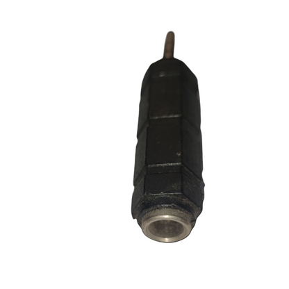 Black molded 3.5mm stereo to PL-55 adaptor with female jack showing metal sleeve and cable stub