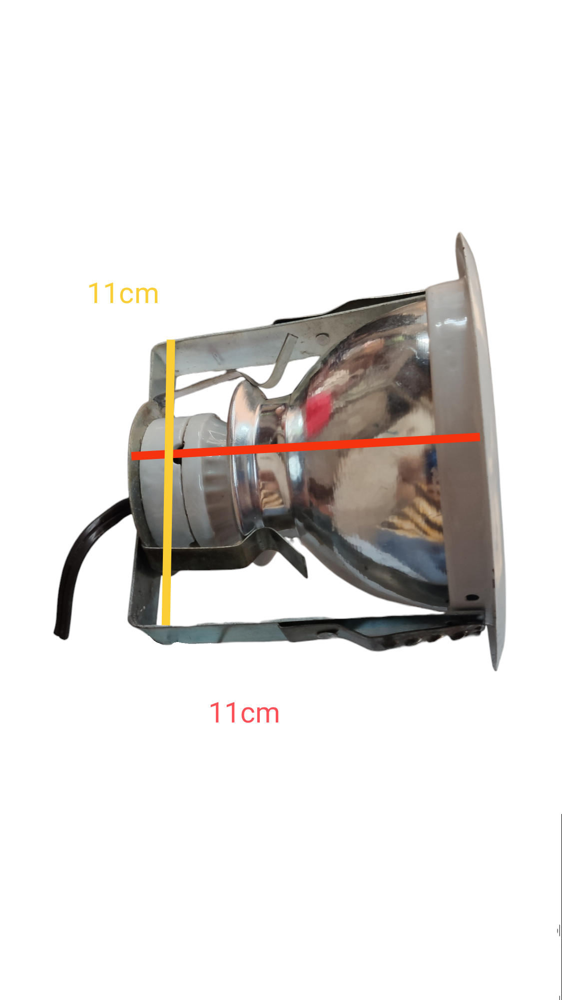 Local chrome recessed lamp with white trim side view showing 11cm depth 11cm width 4 inch cut out downlight for ceiling