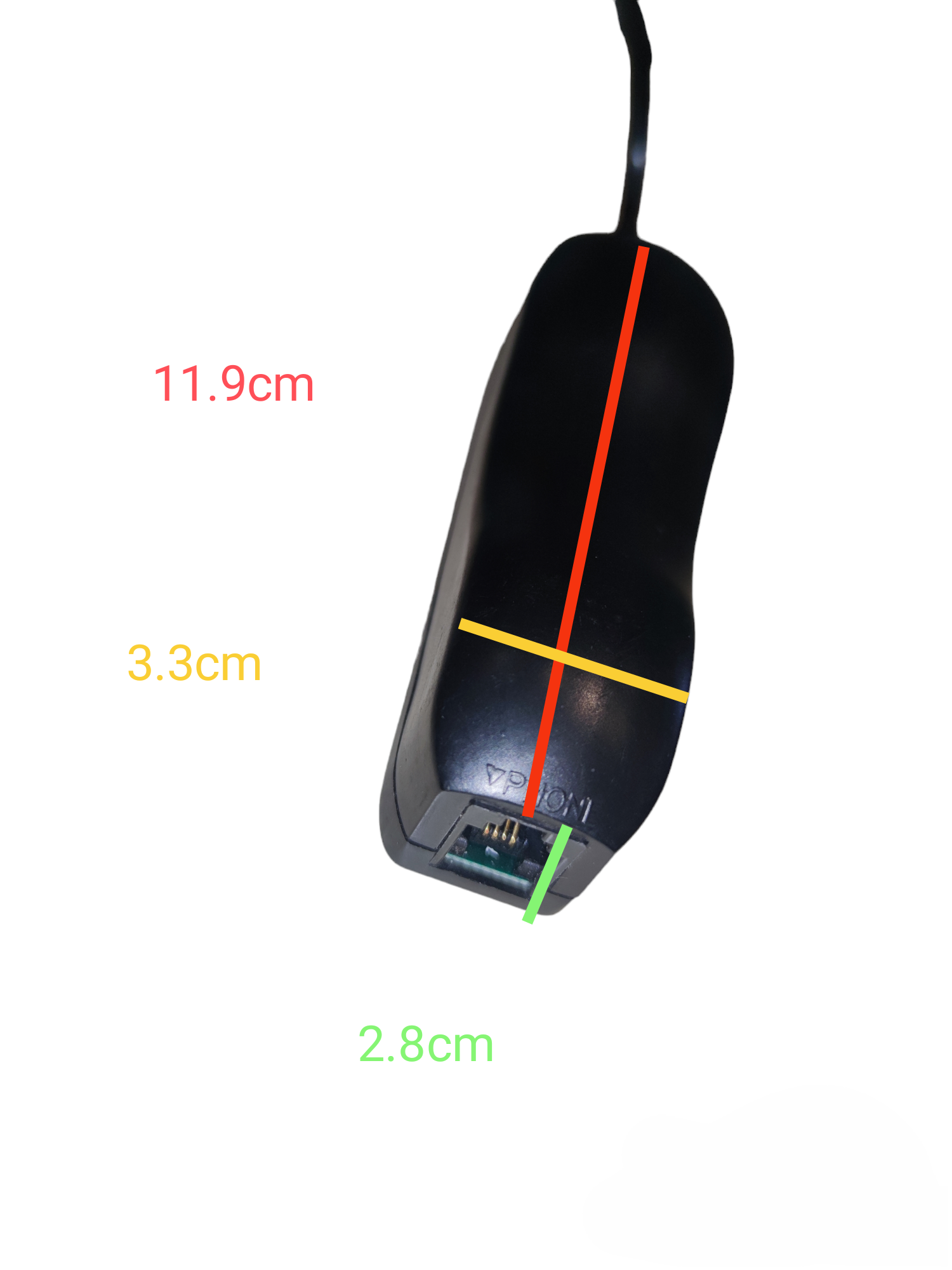Black mouse shaped switch from China with cable and RJ11 jack ADSL splitter for telephone and internet. 11.9cm measurements
