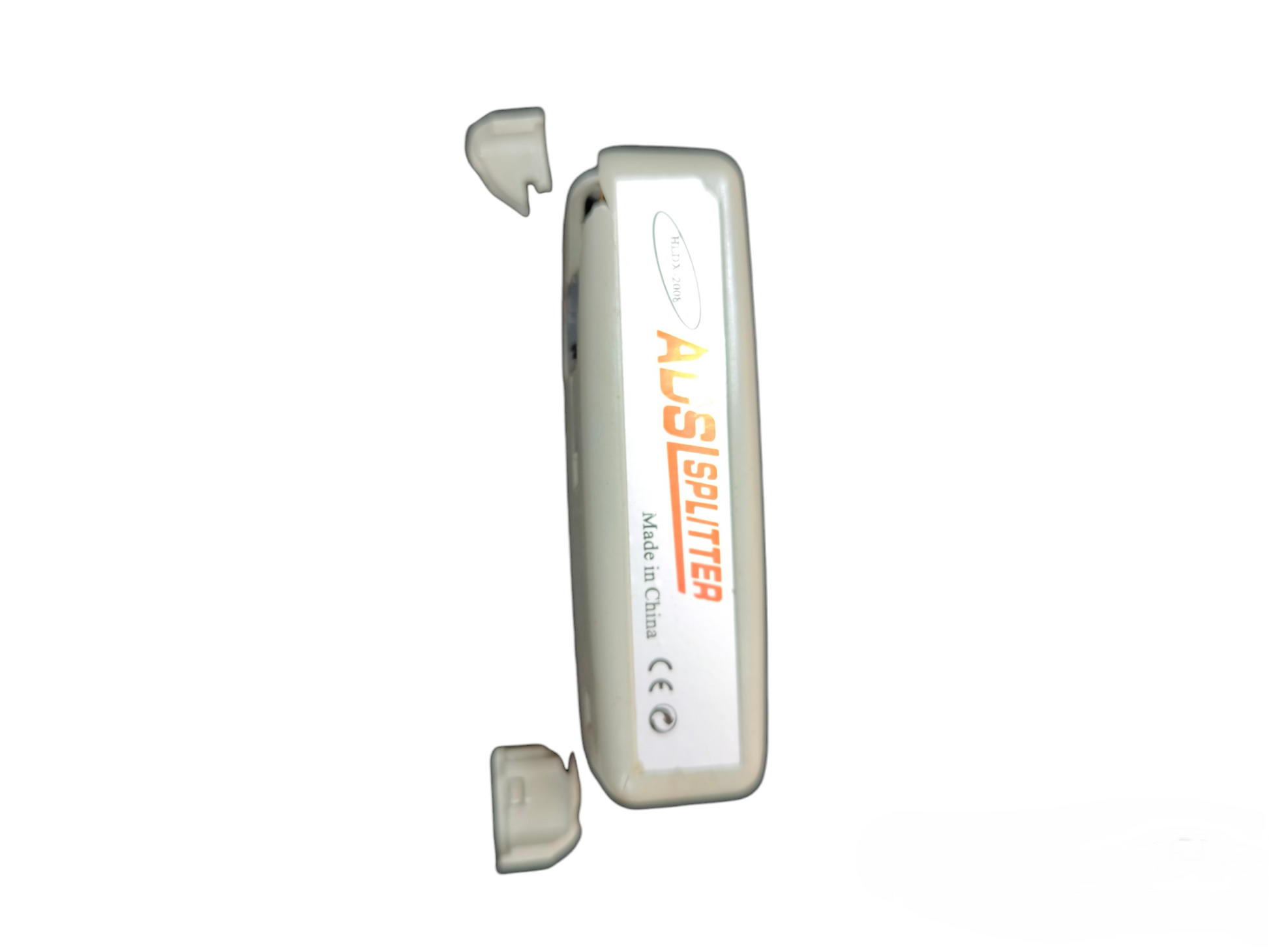 China made ADSL splitter for telephone and internet. White inline filter with two removable protective caps for landline use