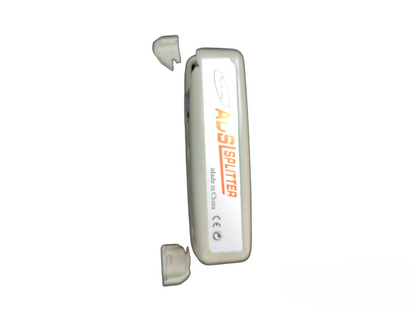 China made ADSL splitter for telephone and internet. White inline filter with two removable protective caps for landline use
