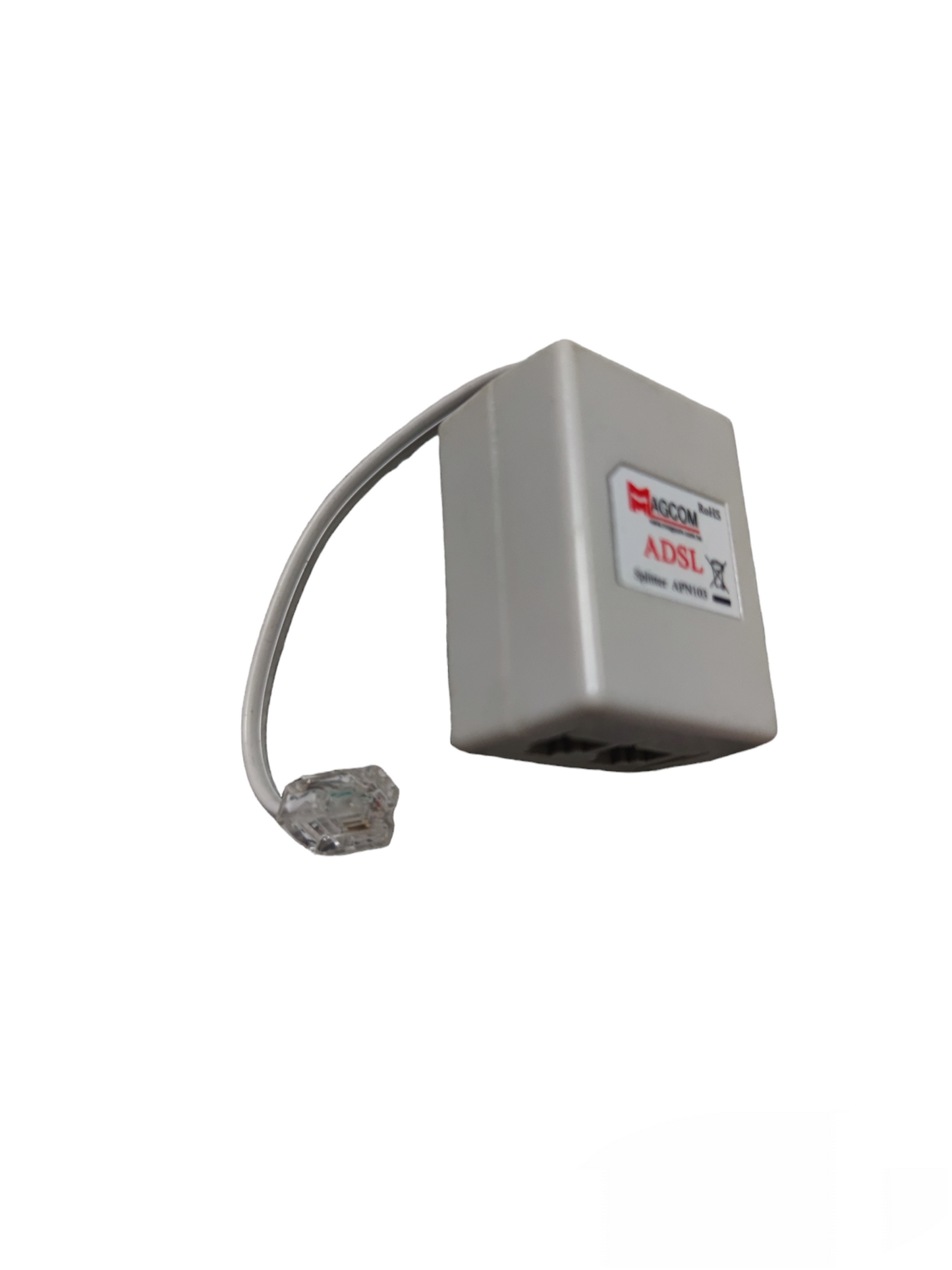 Compact white ADSL splitter for telephone and internet. Small inline RJ11 filter with short cord from China vendor