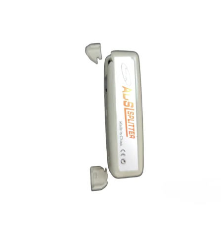 White ADSL splitter for telephone and internet. Compact inline splitter with two RJ11 caps made in China