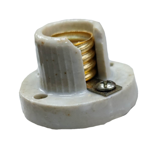 White E14 porcelain socket receptacle with brass threaded insert screw terminal and mounting holes for lighting