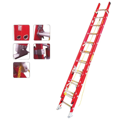 Tailee red Fiberglass Extension Ladder 16 Steps with aluminum rungs rope pulley nonconductive rails slip resistant feet