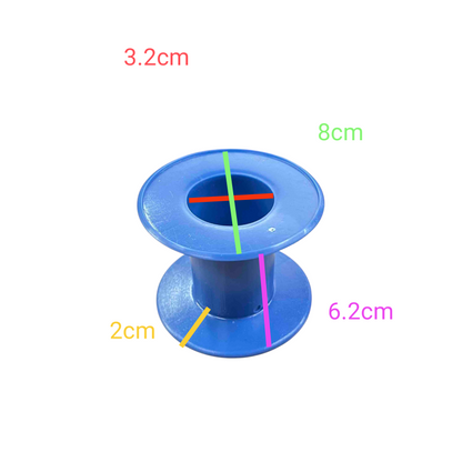Blue small plastic wire spool for handicraft materials showing compact dimensions and center hole