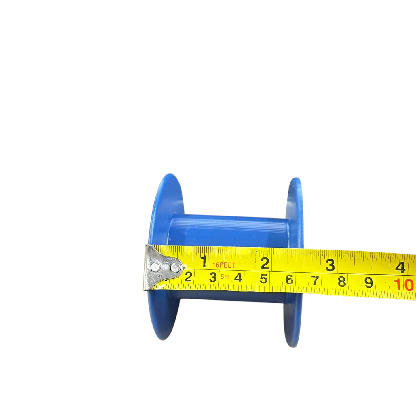 Blue small plastic wire spool displayed on white background with yellow measuring tape showing center width for handicraft use