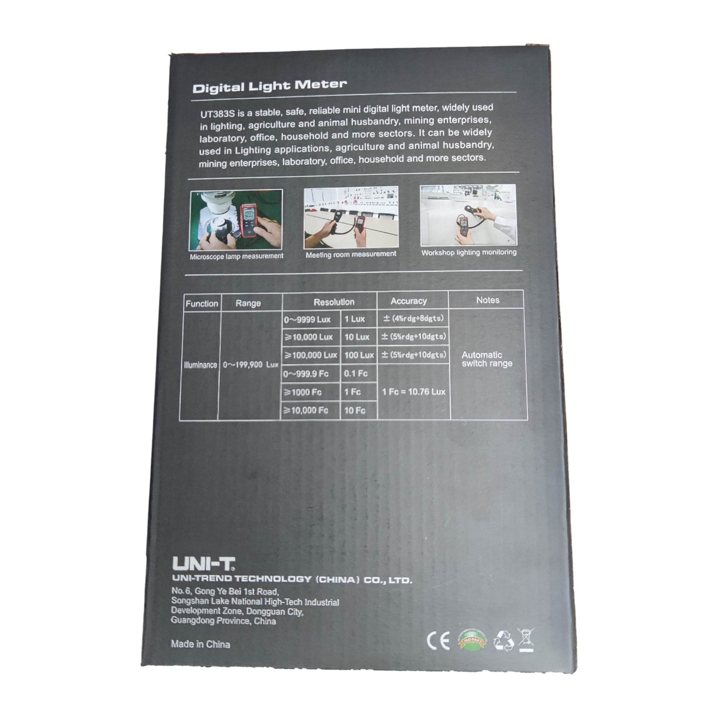 UNI-T Digital Light Meter UT383S with detailed specifications for accurate lighting measurements