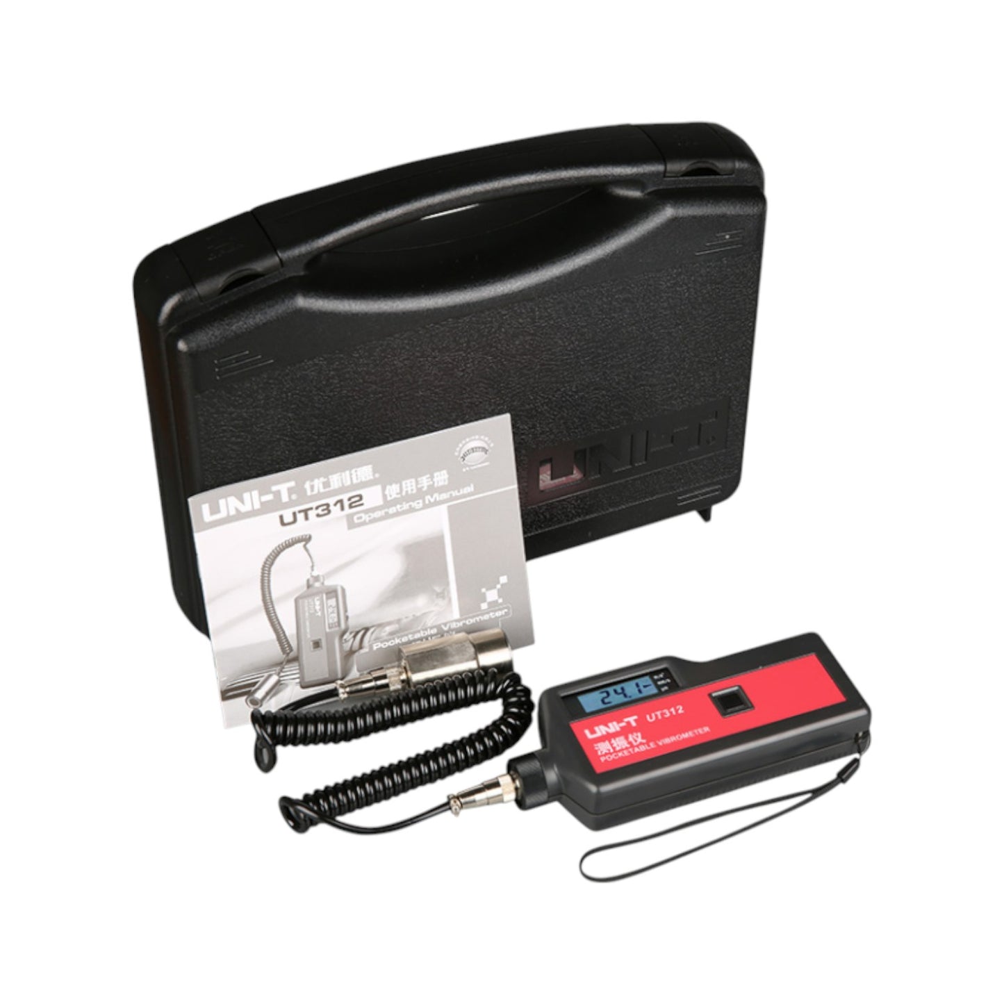 UNI-T UT-312 vibration tester with carrying case and manual for precise vibration measurement
