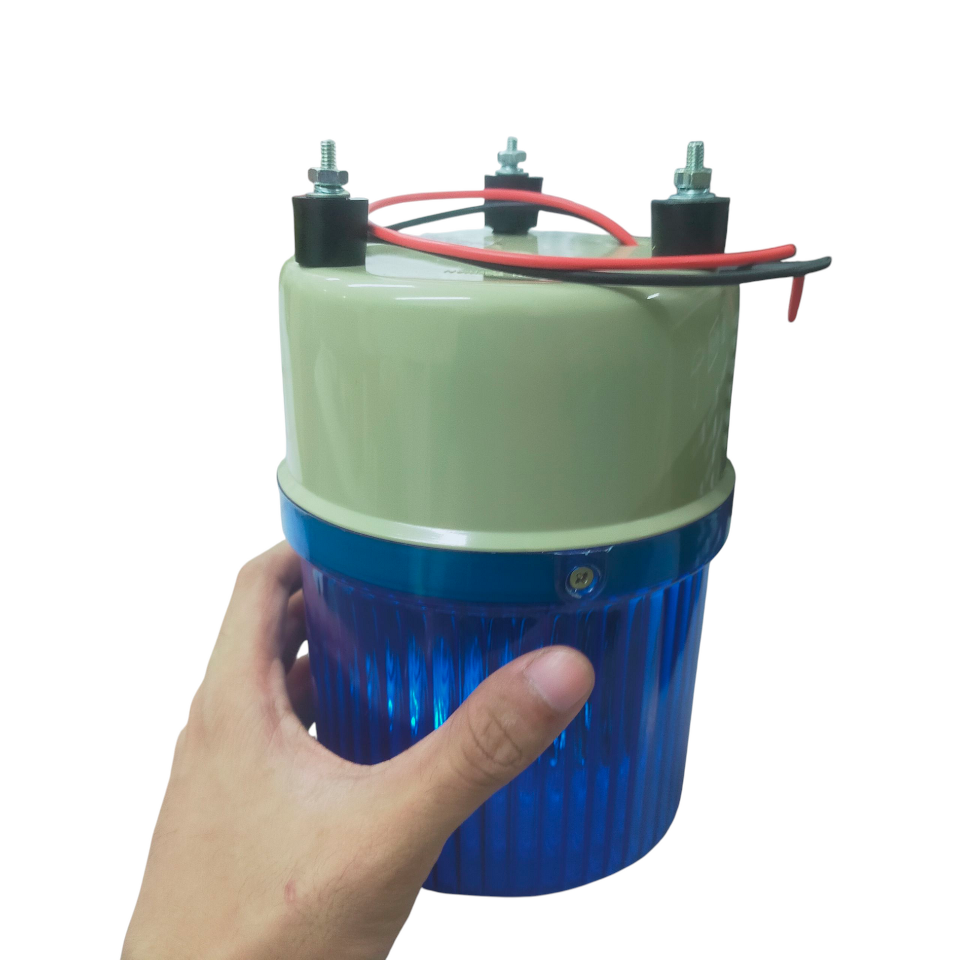Sifco Rotary Warning light 24V DC - Blue held in hand, showcasing its vibrant design and wiring connections