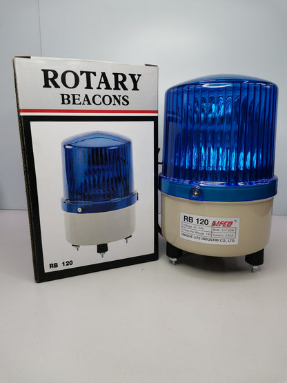 Sifco Rotary Warning Light 24V DC - Blue with protective base and clear packaging display