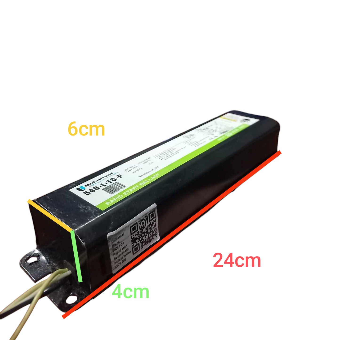 Universal 220V fluorescent ballast with dimensions 24cm x 6cm x 4cm for lighting applications