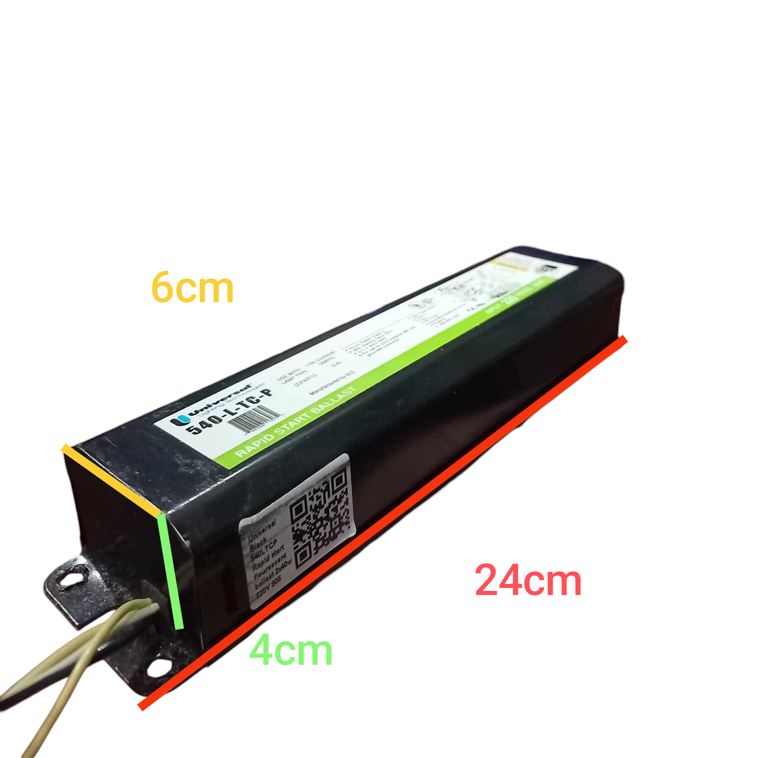 Universal 220V fluorescent ballast with dimensions 24cm x 6cm x 4cm for lighting applications