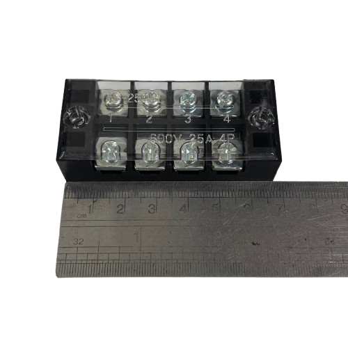 Grippes 25A 4 Pairs Terminal Block 600V black plastic with clear cover metal screw terminals and ruler for scale