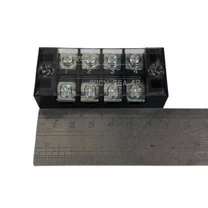 Grippes 25A 4 Pairs Terminal Block 600V black plastic with clear cover metal screw terminals and ruler for scale
