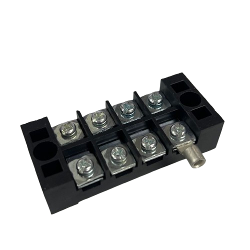 Grippes 25A 4 Pairs Terminal Block 600V black plastic housing with eight screw terminals and metal bus connector