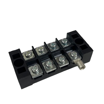 Grippes 25A 4 Pairs Terminal Block 600V black plastic housing with eight screw terminals and metal bus connector