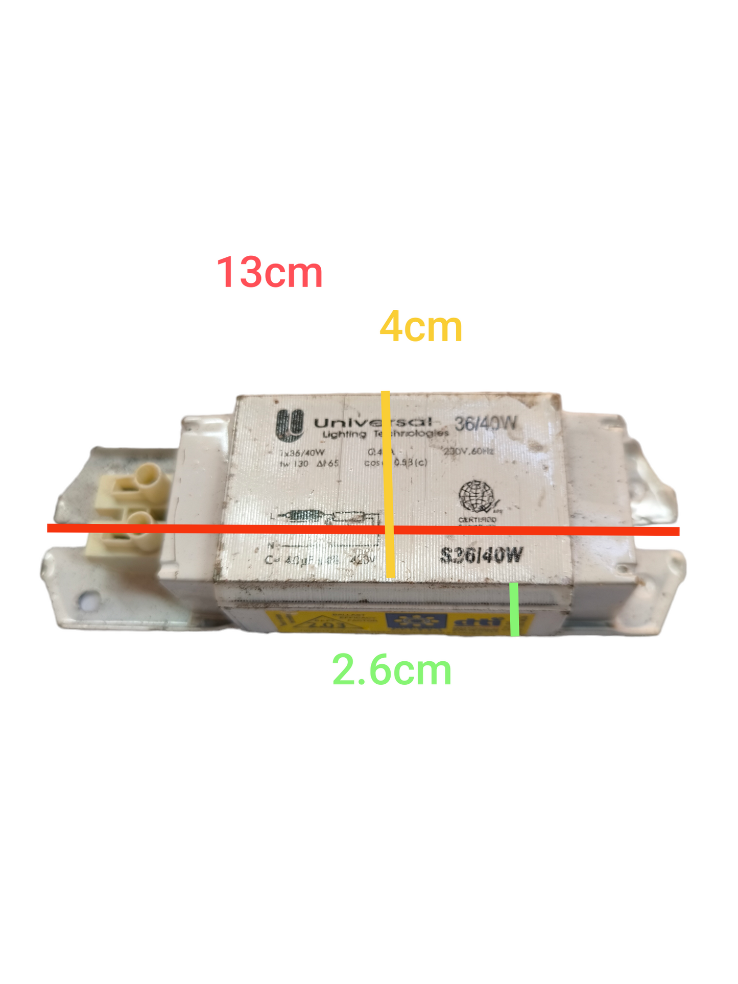 Universal 36W Magnetic Ballast 220V electrical component with metal casing and terminal connectors