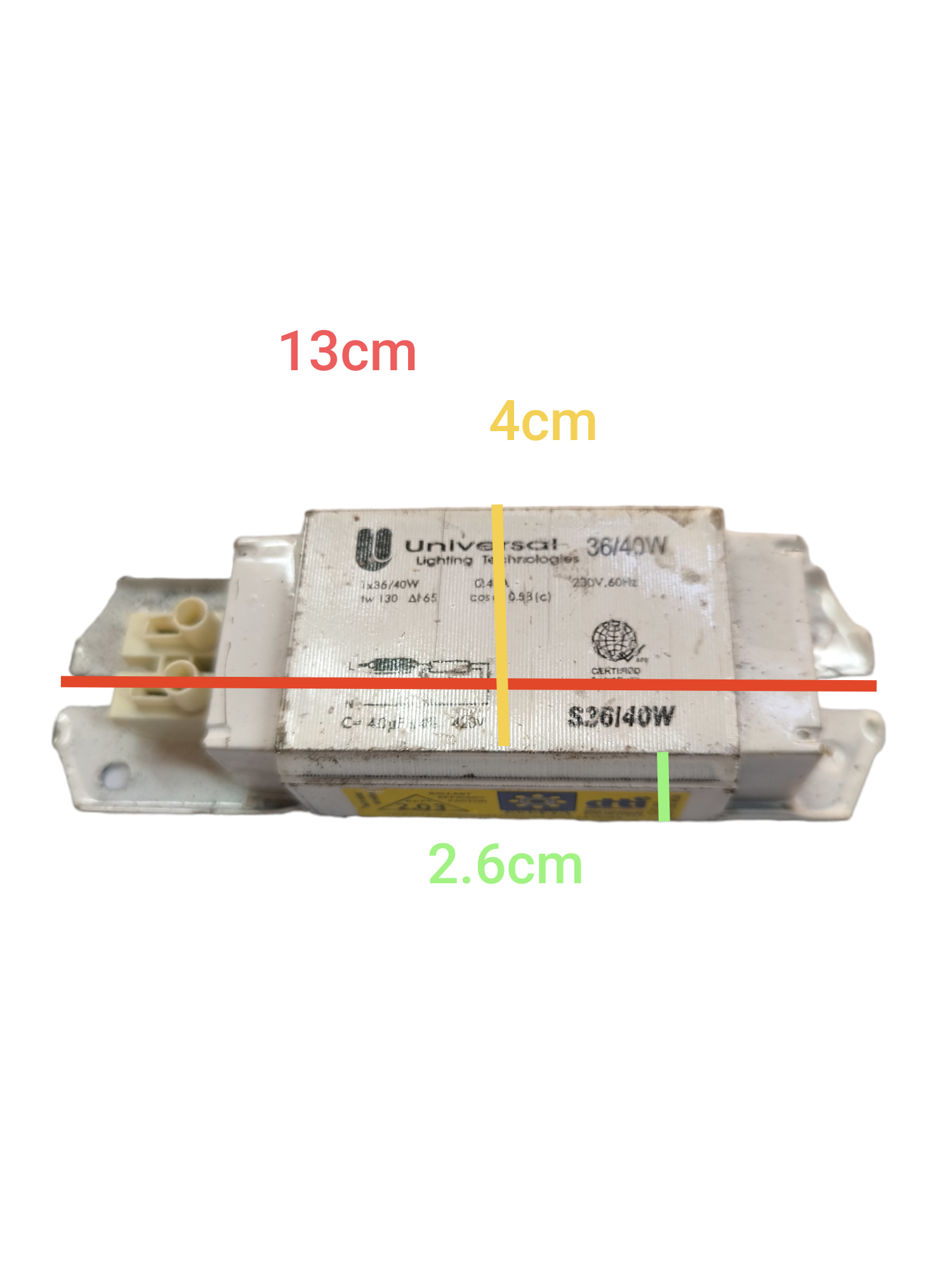Universal 36W Magnetic Ballast 220V electrical component with metal casing and terminal connectors