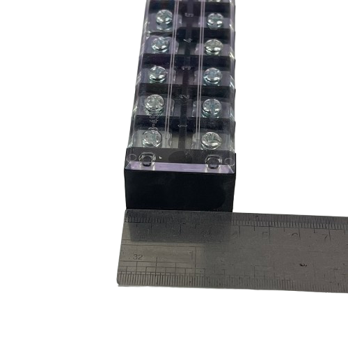 Grippes 45A 12Pairs Terminal Block 600V clear plastic cover with 12 screw terminals on black base and ruler for scale