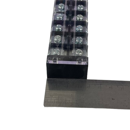 Grippes 45A 12Pairs Terminal Block 600V clear plastic cover with 12 screw terminals on black base and ruler for scale