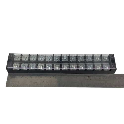 Grippes 45A 12Pairs Terminal Block 600V clear plastic 24 screw electrical connector shown with ruler