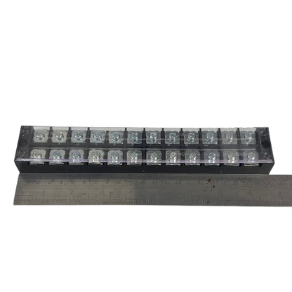 Grippes 45A 12Pairs Terminal Block 600V clear plastic 24 screw electrical connector shown with ruler