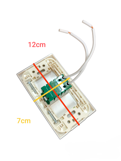 Omni 500W Dimmer Switch with Plate Cover. White rectangular wall plate with green dimmer module and wiring