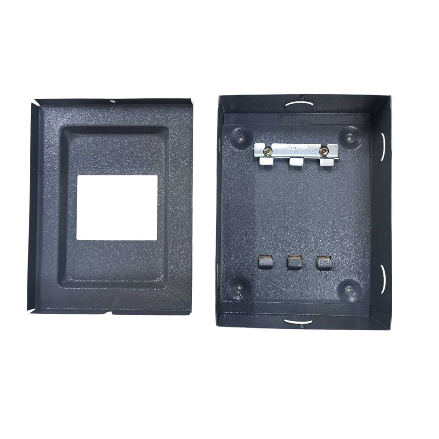 Black metal bolt-on GE TQC breaker panel cover kit with removable door mounting bracket