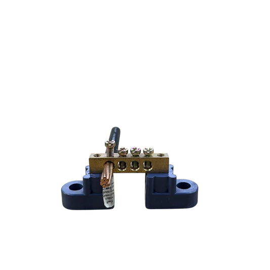 Grippes Bus Bars 4 Holes 6x9 brass electrical bus bar with four terminals mounted on blue insulators