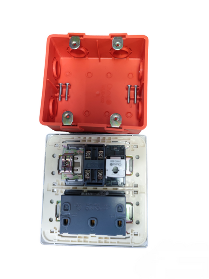 Omni universal duplex outlet with LAN and TV showing internal wiring and red mounting box