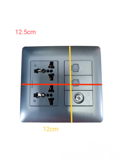 Omni universal duplex outlet with LAN and TV port in a sleek gray square panel