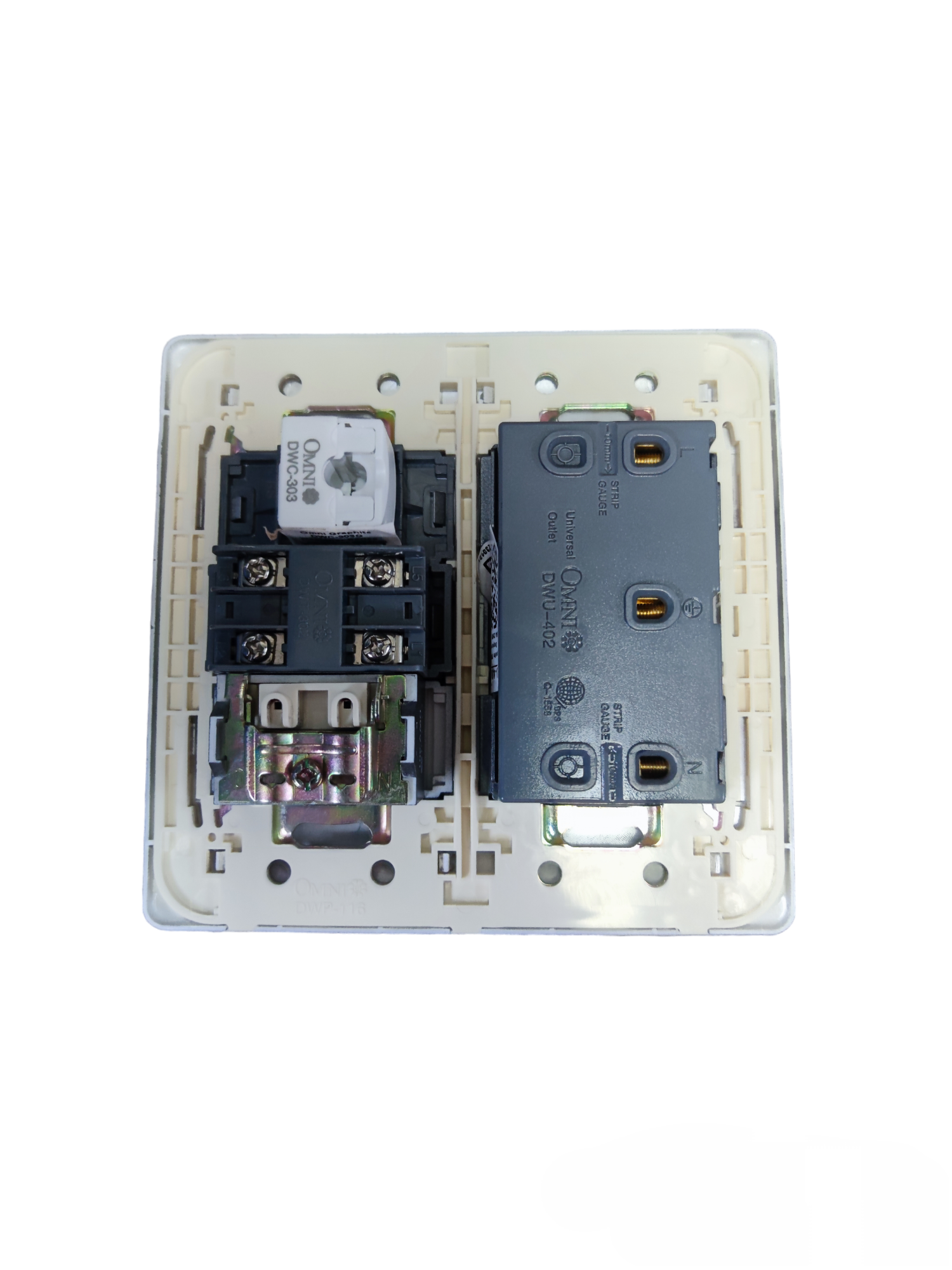 Omni universal duplex outlet with LAN and TV showing front and back electrical connections