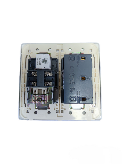 Omni universal duplex outlet with LAN and TV showing front and back electrical connections