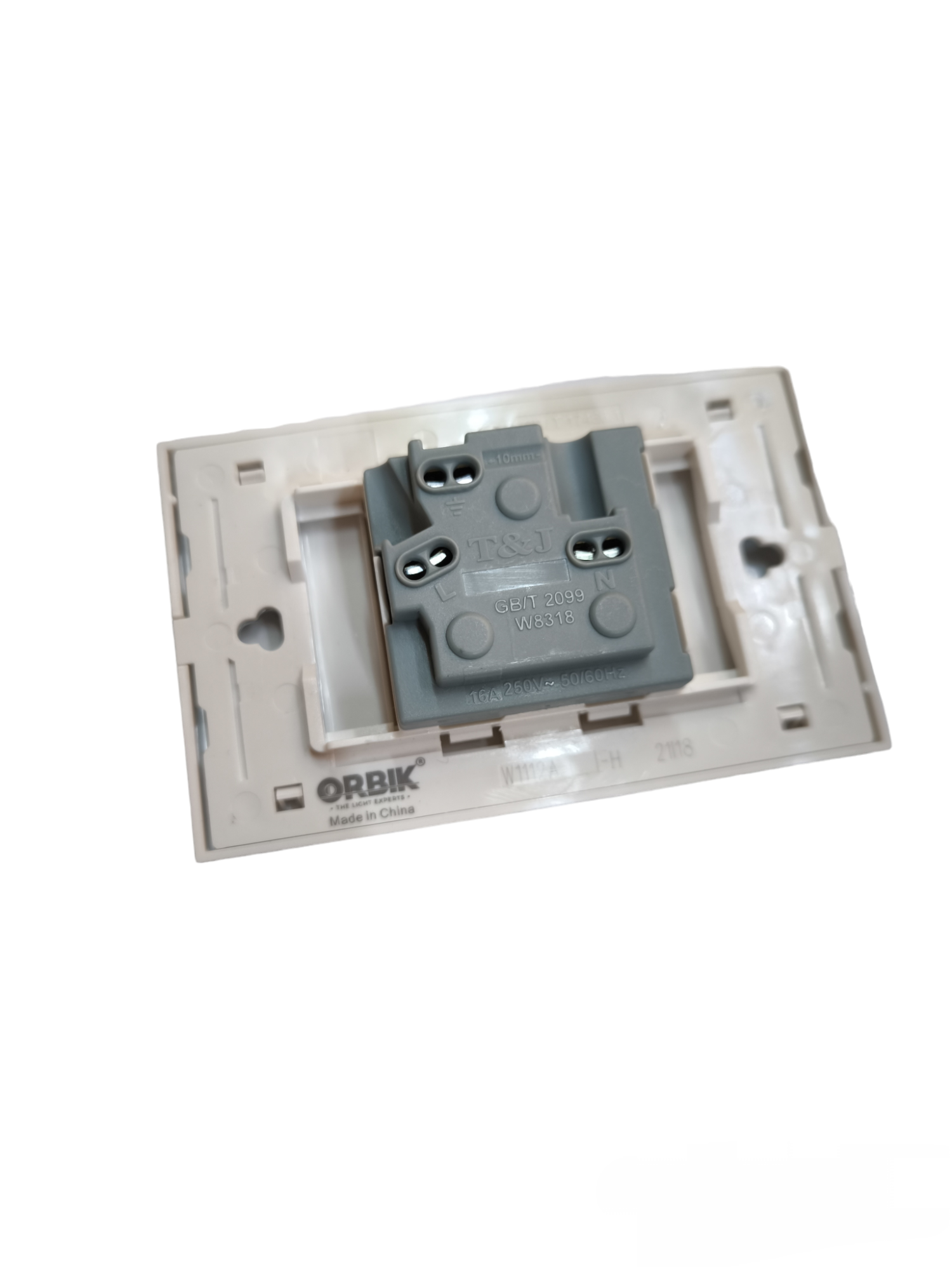 T&J 1 Gang Universal Outlet 16A 250V installed on white mounting plate for power points switches and plugs