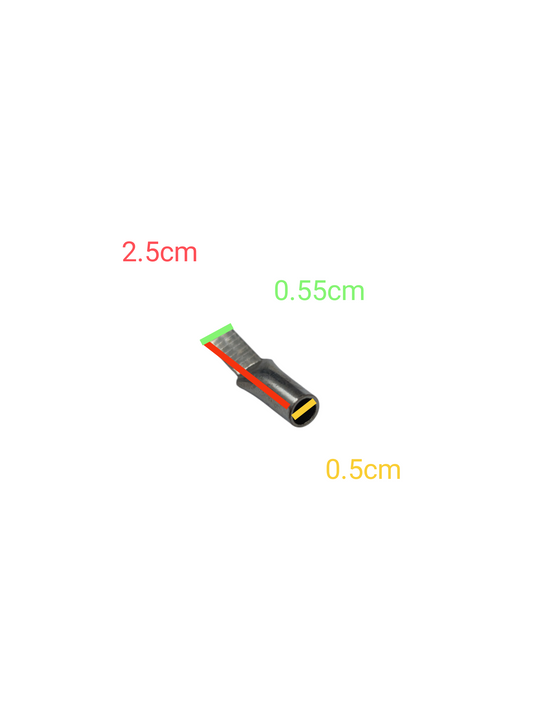 Flat Head Terminal 3.5mm to 5.3mm metal cable connector from China with measurements labeled on white background