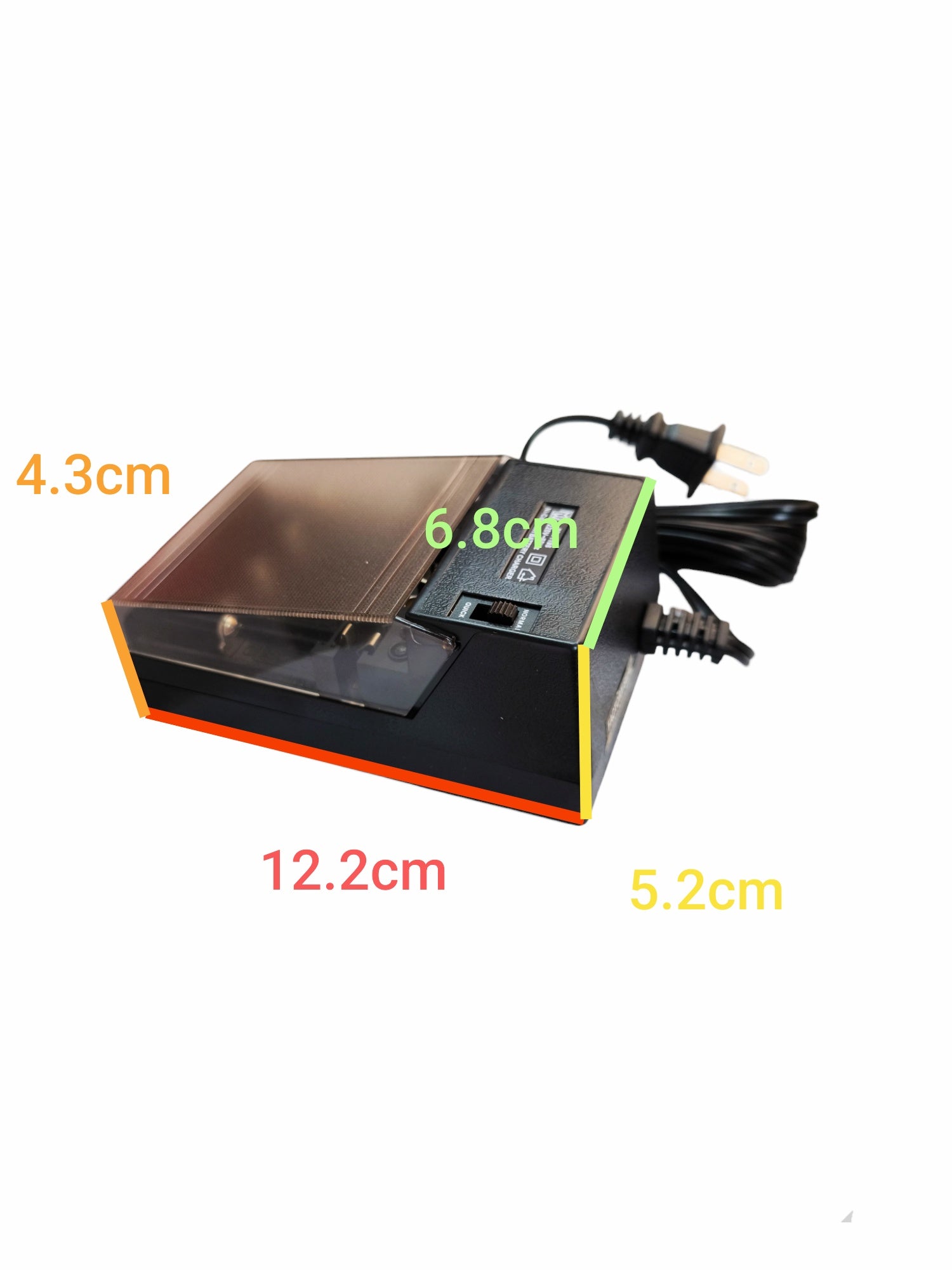 Compact universal Ni-Cd battery charger with power cord and size dimensions shown