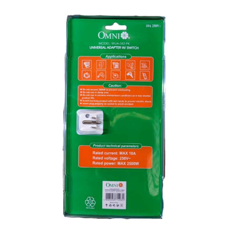 Omni 4 gang universal outlet 10A 250V power strip with safety features and switch