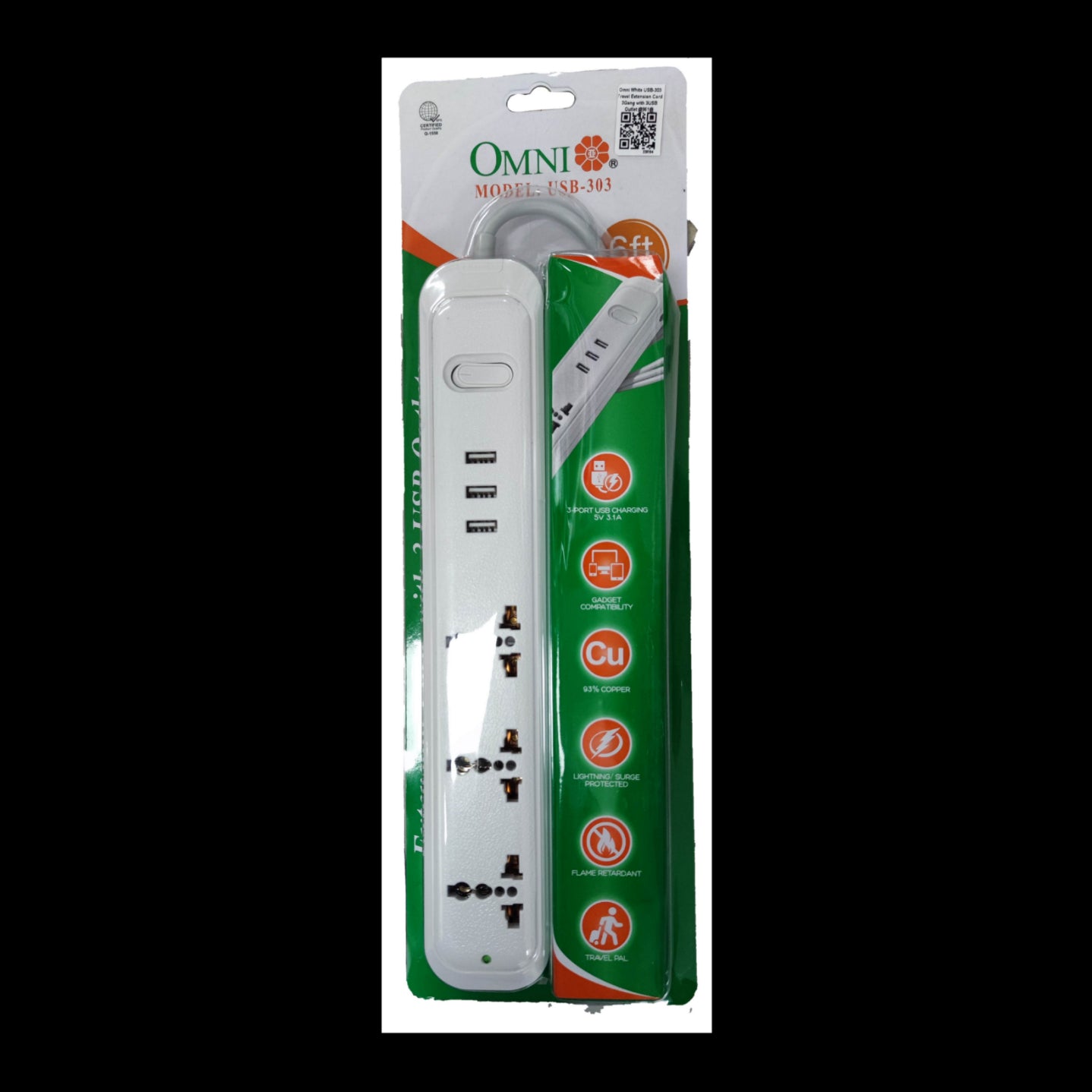 Omni universal outlet power strip with USB featuring multiple outlets and built-in USB ports for versatile charging