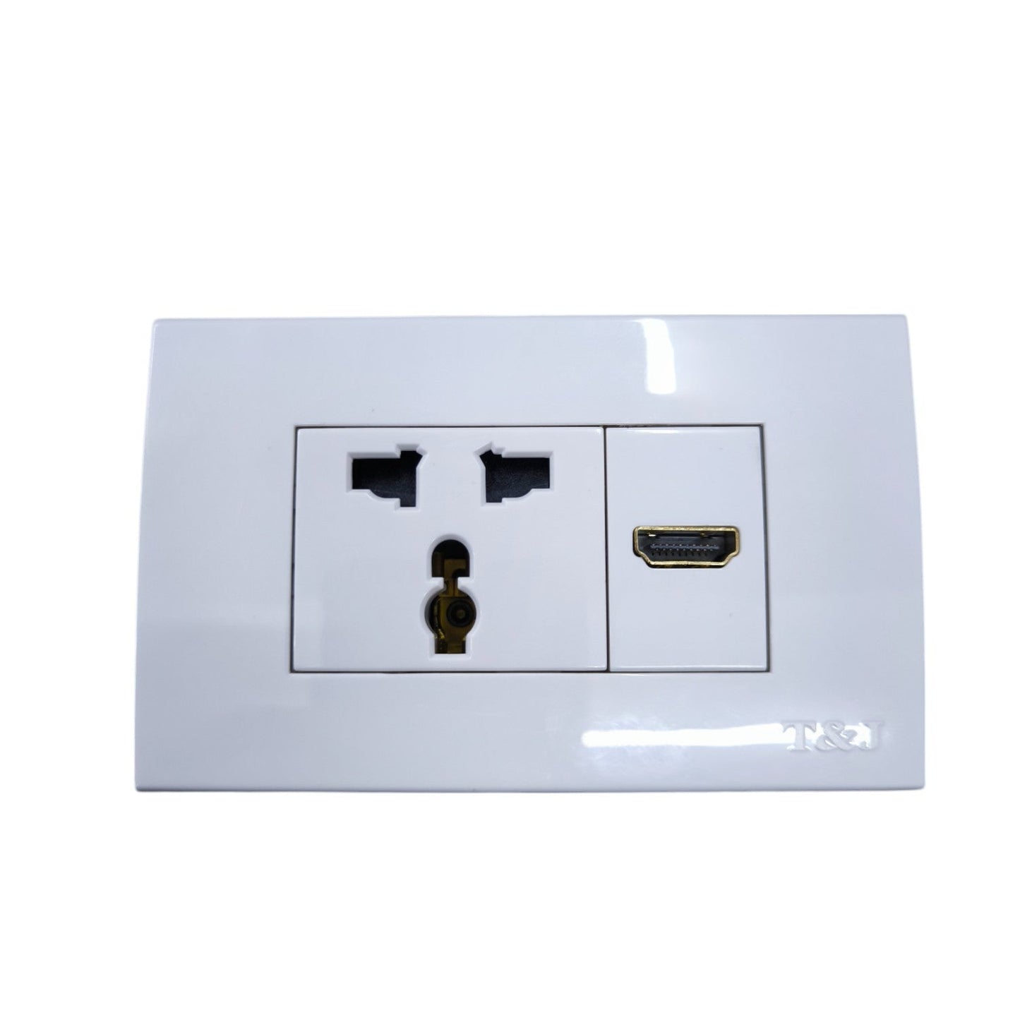 T&J universal outlet with HDMI port featuring dual sockets for versatile connection options