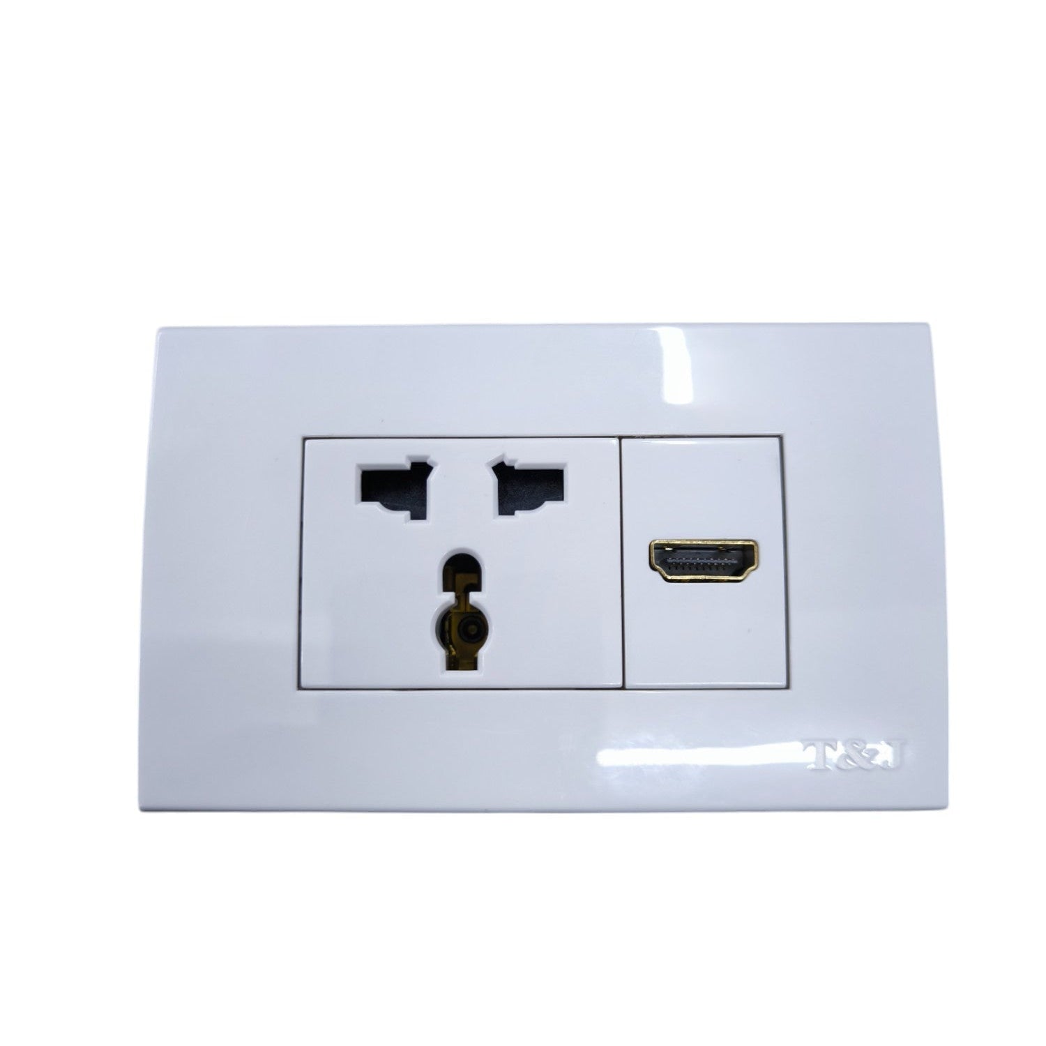 T&J universal outlet with HDMI port featuring dual sockets for versatile connection options