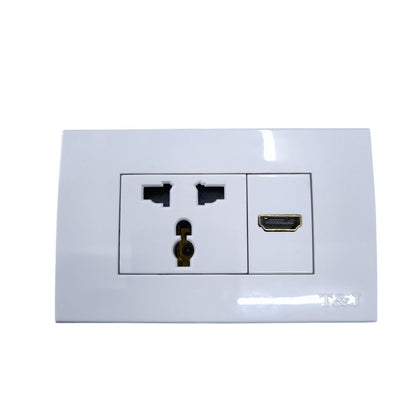 T&J universal outlet with HDMI port featuring dual sockets for versatile connection options