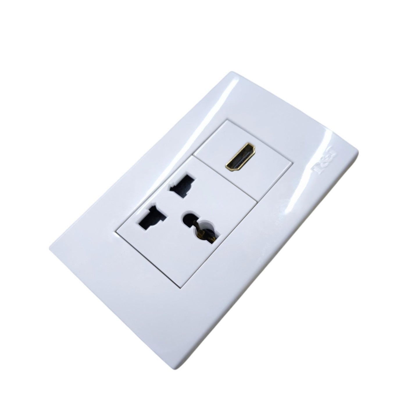 T&J universal outlet with HDMI port featuring multiple plug options and a sleek design