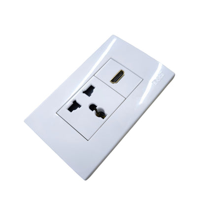 T&J universal outlet with HDMI port featuring multiple plug options and a sleek design